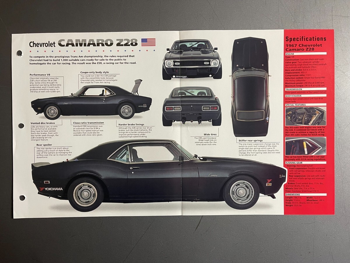 1967 - 1969 Chevrolet Camaro Z28 IMP Hot Cars Spec Sheet Folder
