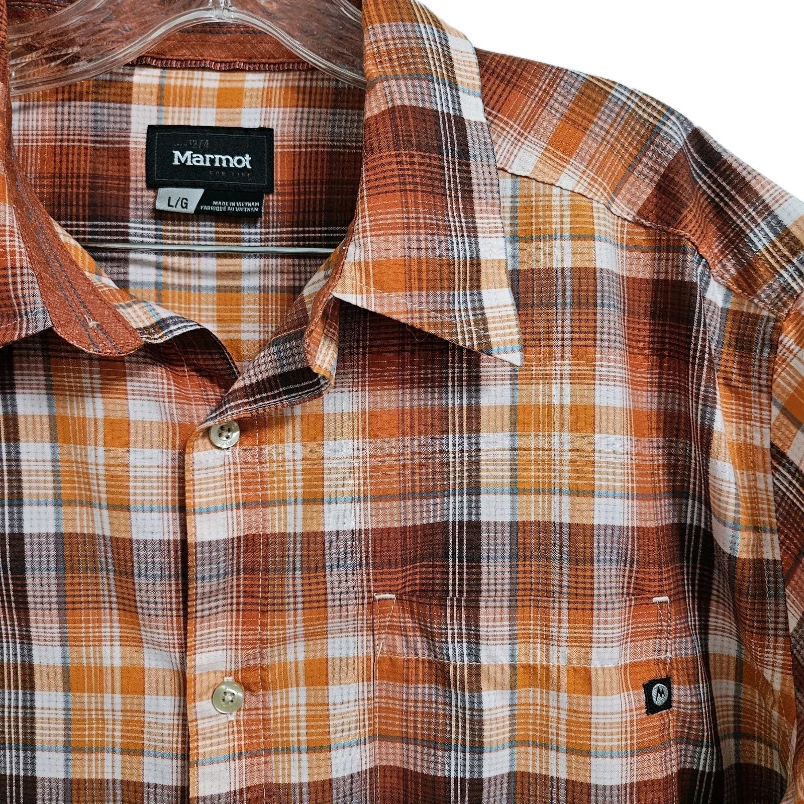 Marmot Button Down Mens Large Orange Plaid Short Sleeve Hiking Shirt Outdoor
Opens in a new window o