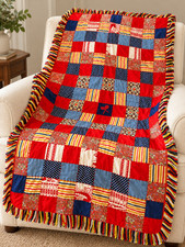 Handmade Patchwork Lap Quilt 64 x 32 Denim Cotton Red Yarn Fringe Blanket