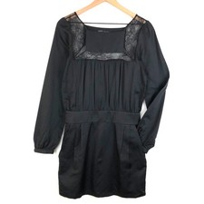 dace Silk Cotton Mini Dress Sz XS Black Square Neck Lace L/S Pockets Lined EUC