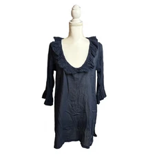 Gretchen Scott Designs Size M Scoop Neck Tunic Blouse Ruffles Cotton Navy Blue