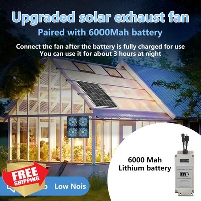 HNRLOY Solar Exhaust Fan for Greenhouse, 25W Panel, 6000mAh Battery