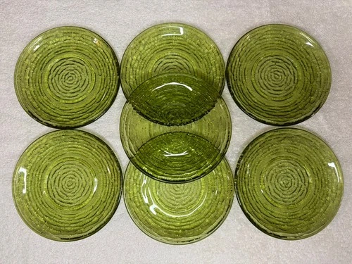 Anchor Hocking Soreno SAUCERS Avocado Green Glass 5.75” MCM Set of 7 Vintage