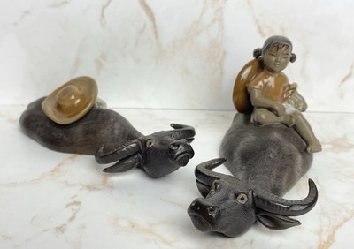 Vintage Paar Mudman chinesische Shiwan Mädchen mit untergetauchten Wasserbüffel Figuren