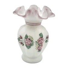 Fenton Signed Satin White Melon Rose Garden Vase - Hand Painted By C. Griffith
