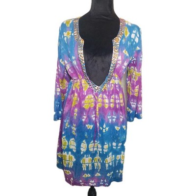 Blue Island Women's Sz M Tunic Embellished Tie Dye Boho Swim Resort Vacation 