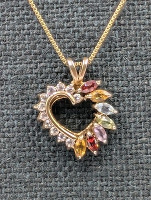 By CL Vtg Gold Plated Sterling 925 Gemstone & CZ Heart Pendant 18'' Box Necklace 