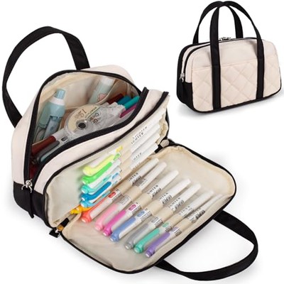 2 Compartment Pencil Case For Girls,Zipper Pencil Bag With Handle, Large black