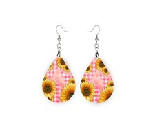 Sunflower on Pink Check Print Wood Dangle Teardrop Print Earrings Jewelry