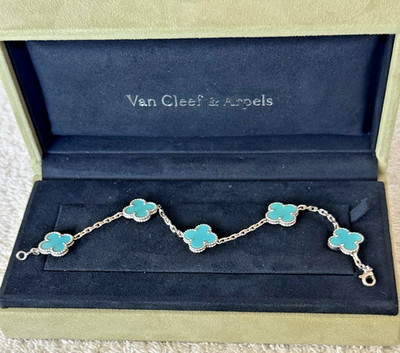 VCA ALHAMBRA 18 KY W/G BRACELET 5  TURQUOISE CHARM L=8''- 12.10 GRAMS, 2 BOXES
