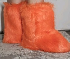 Indoor Faux Fur Boots Women Fuzzy Fluffy Furry WinterWarm Boots Orange US6.5-9.5