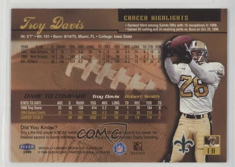 1999 Fleer Ultra Troy Davis #131 - Image 2 of 2