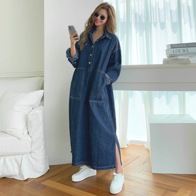 chinese dress ladies Chouyatou Women's Summer Casual Denim Shirt Dress Roll Up Long Sleeve –  CHOUYATOU main image 1
