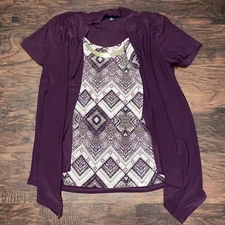 Naïf Women Sz M Purple Top Open Front w Geometrical Layered Insert Short Sleeve