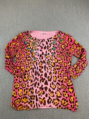 Sandy & Sid Cardigan Sweater Womens Large Pink Animal Print Beaded Boho Western
