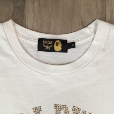 BAPE × MCM Rhinestone College Logo T-shirt White A Bathing Ape