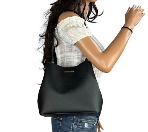 Michael Kors Pratt Medium Bucket Tote Shoulder Leather Bag Black