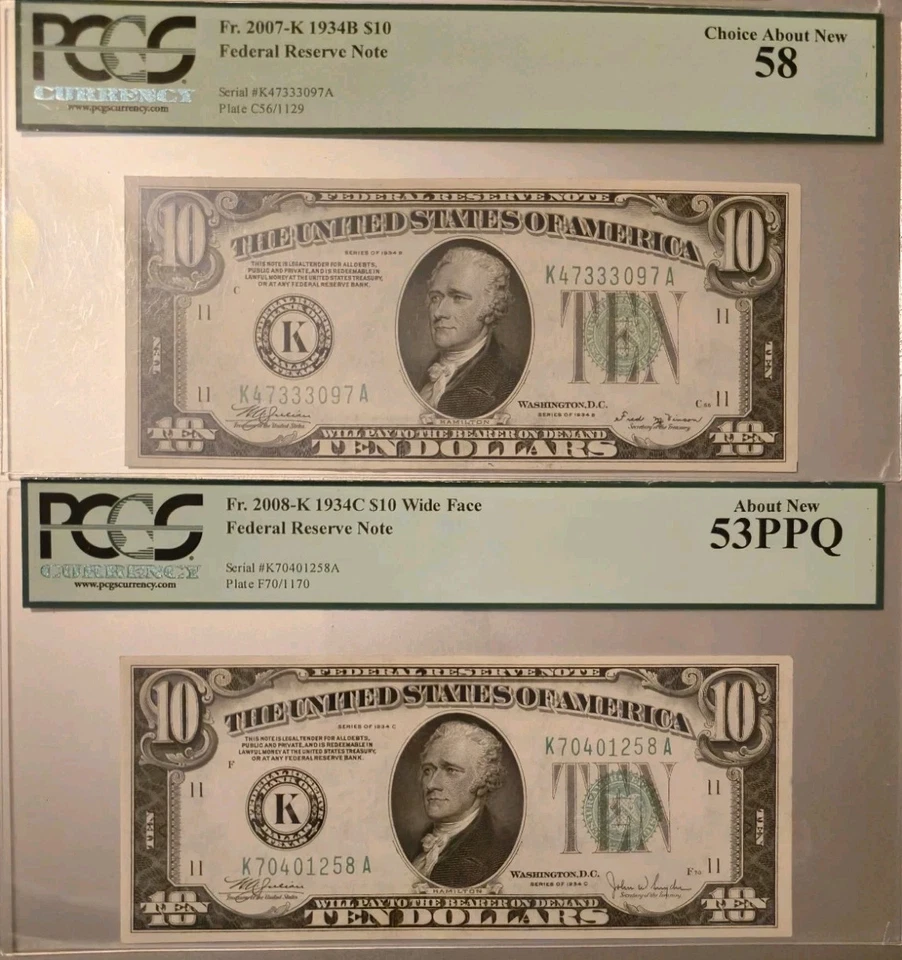 PCGS Dallas FRN $10 1934(M) DGS 58PPQ, 1934-A 53, 1934-B 58, 1934-C WIDE... - Image 2 of 4