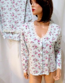 Victorias Secret 2PC Pajamas Blue & Pink Floral Cotton Knit Long Slv with Lace L