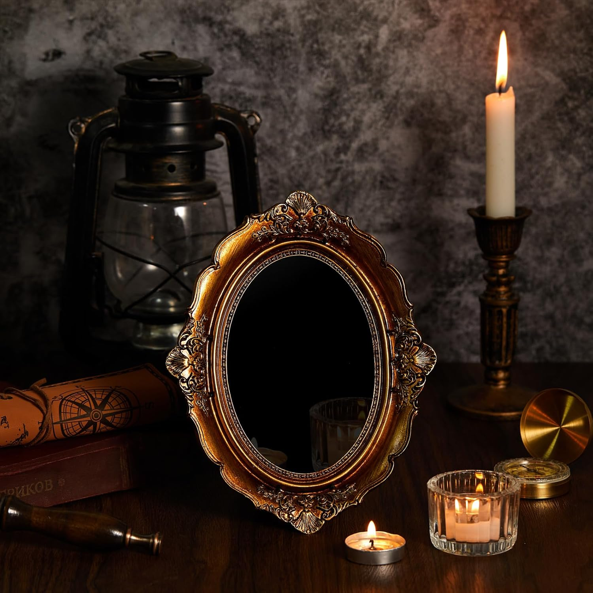 Black Obsidian Style Scrying Mirror with Vintage Frame Obsidian