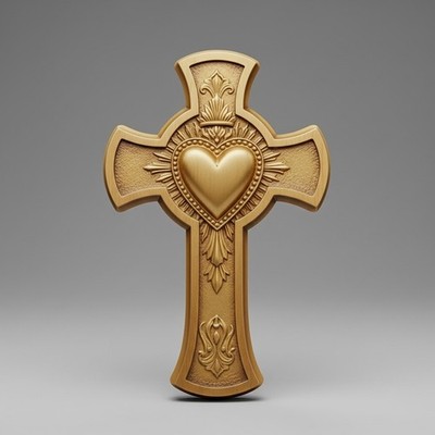 Sacred Heart Cross Sculpture - Printable Design Sculpture STL CNC File - 3D