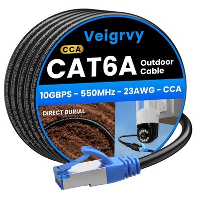 Veigrvy Cat 6A Outdoor Ethernet Kabel 50m, Direct Burial 50 Meter, schwarz 