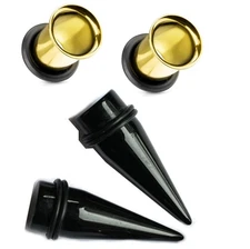 2 Pairs Gold Steel Tunnels and Black Tapers Ear Stretching Kit gauges plugs 1...