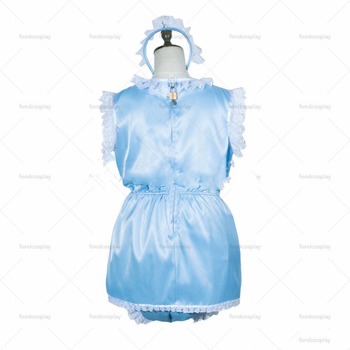 adult sexy cross dressing sissy maid short baby blue satin jumpsuits rompers - Picture 3 of 6