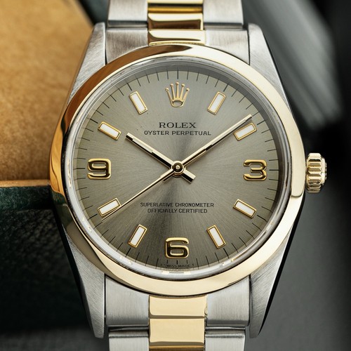Rolex Oyster Perpetual 34mm Steel & 18k Gold Grey Dial Watch & Box Ref. 14203