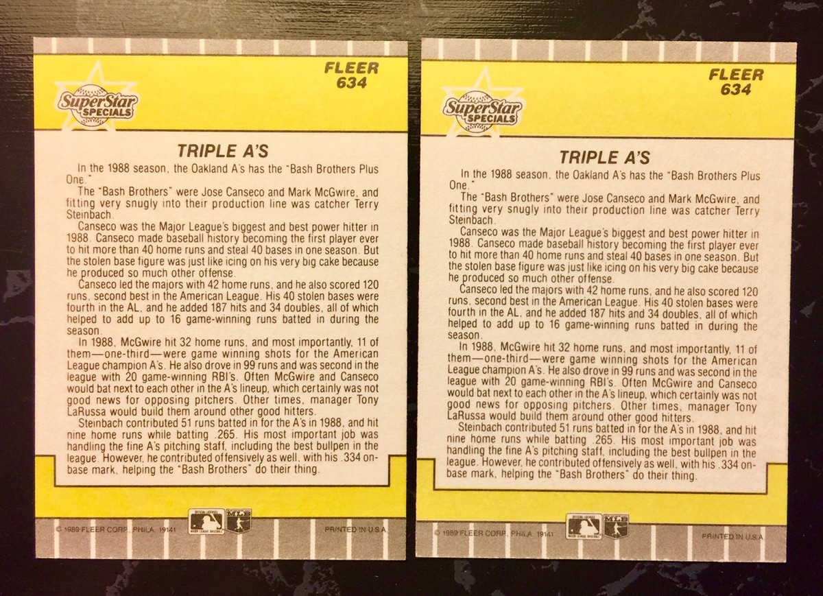 1989 Fleer #634 Triple A's Jose Canseco Mark McGwire Terry