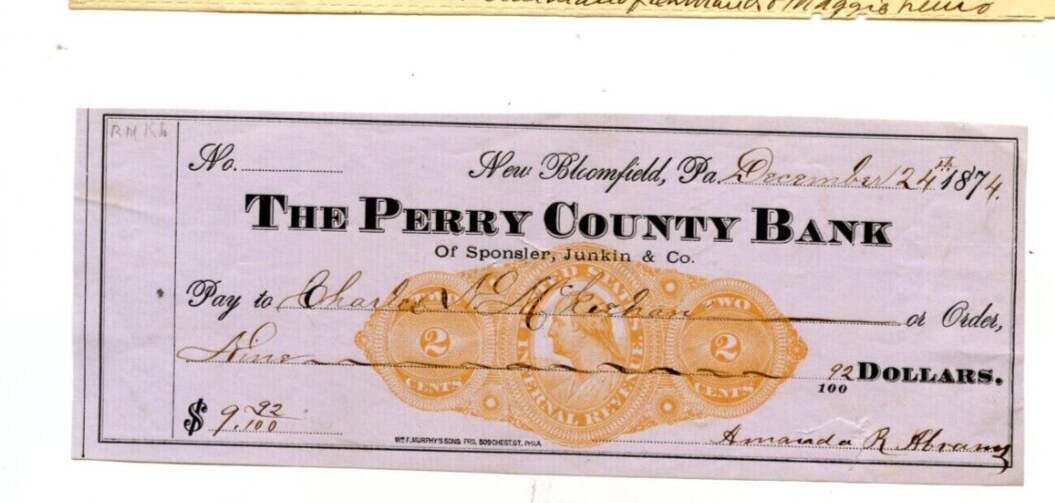 1874. North Blomfield, PA. Perry County Bank. Revenue Stamped check. eBay