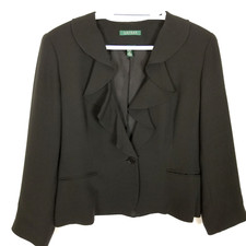 Lauren Ralph Lauren Women Ruffle Silk Blazer Jacket Size 12 Black Office Event