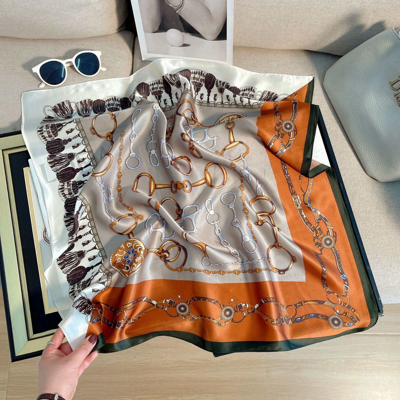 100% Silk 26-Inch Square Scarf for Women Retro Neckerchief Wrap in White Orange Gray with Buckle