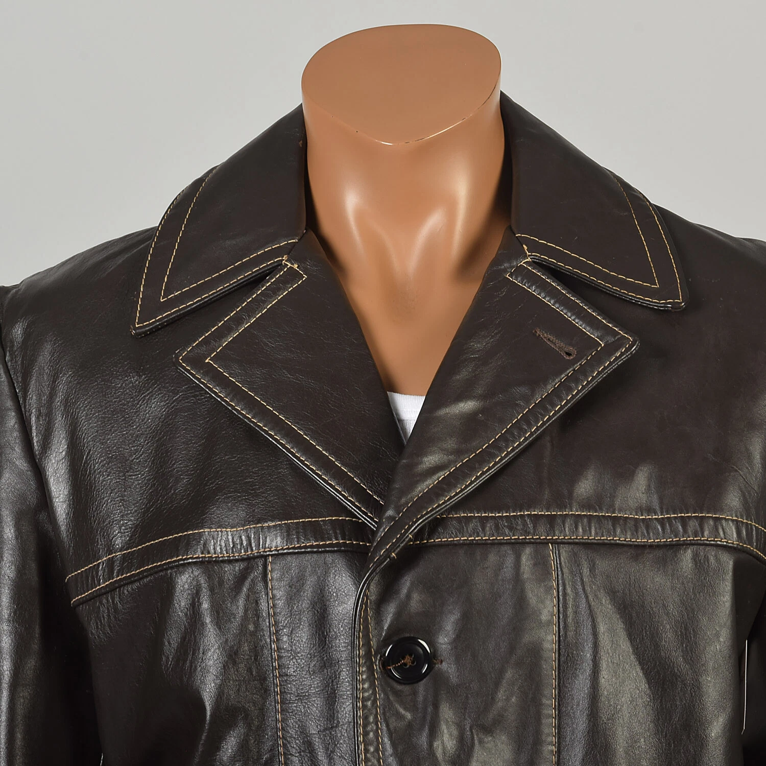  1970s classic leather collared front pockets hip length coat jacket