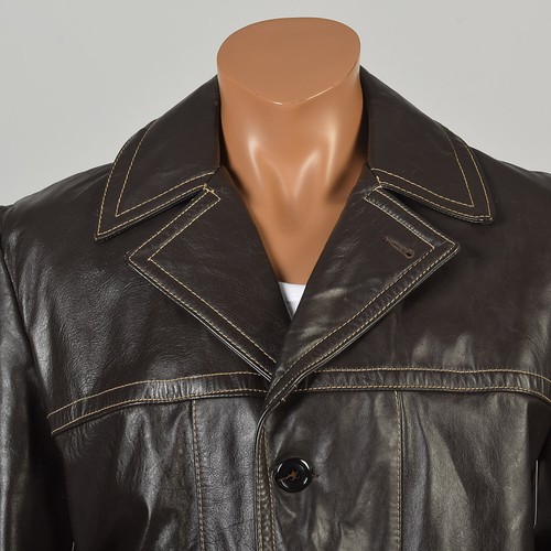 Large 1970s Classic Brown Leather Collared Front Pockets Jacket Hip Length Coat - Picture 6 of 11