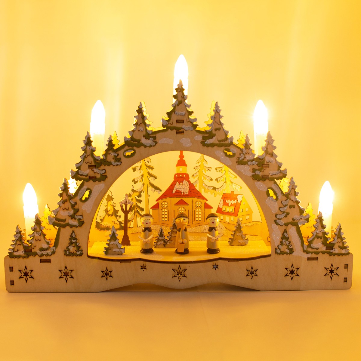 Schwibbogen Kerzenbogen Lichterbogen mit LED-Beleuchtung Chor-Motiv Deko Holz