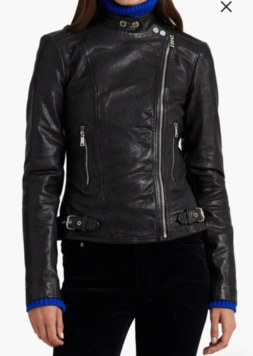 Lauren Ralph Lauren Leather Moto Jacket Black Tumbled Biker Core Women Lg - Picture 2 of 17