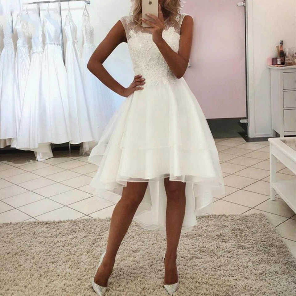 Short Wedding Dresses Lace Appliques Beaded Knee Length High-Low Bridal Gowns - Image 2 of 4