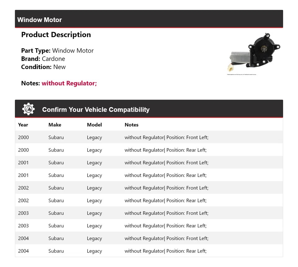Para 2000-2004 Subaru Legacy Window Motor Cardone 2001 2002 2003 - Imagem 2 de 4