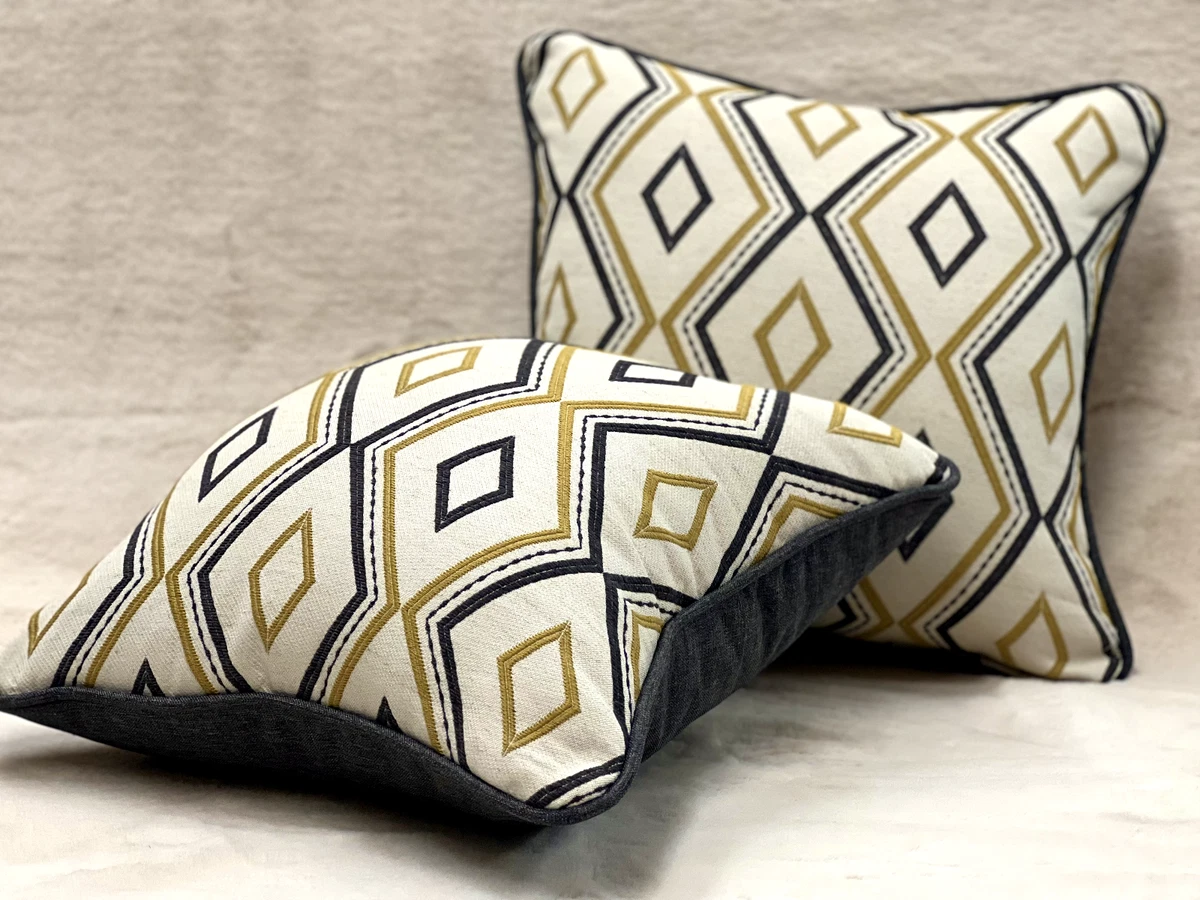 New Upholstered Throw Pillow Pair 18x18 Cream Charcoal and Yellow