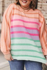 Multi Color Stripe Balloon Sleeve Crewneck Plus Size Sweater