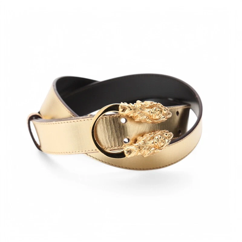GUCCI Ceinture Taille 75・30 Double Tête de Tigre Ceinture Cuir Or Made in Italy Br...