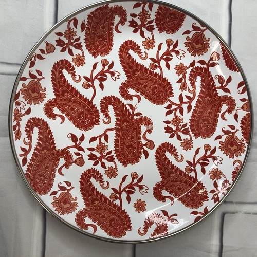 Pottery Barn 8" Salad Plate Red Orange Metal Paisley Print Discontinued - Picture 7 of 17