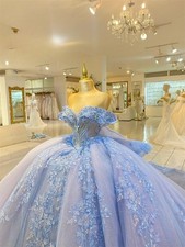 Sky Blue Off Shoulder Quinceanera Dress with Applique V-neck Lace Ball Gown