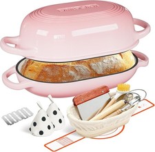 Enameled Cast Iron Bread Oven 5QT,Sourdough Baking Kit with Banneton Basket,Pink