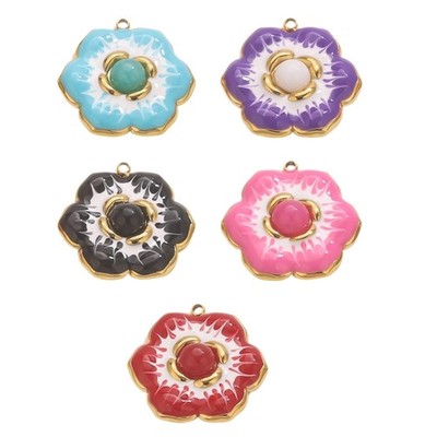 Glossy Enamel Flower Pendant Jewelry Finding Stainless Steel Craft Material