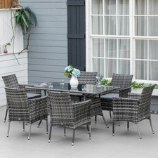 6 Seater Rattan Dining Set with Cushions Glass Top Table, Garden Furniture Set