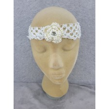 White Crochet Headband Floral Rhinestone Embellishment