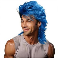 Mullet Wig Blue 80s Men Long Punk Rocker Wig Halloween Party