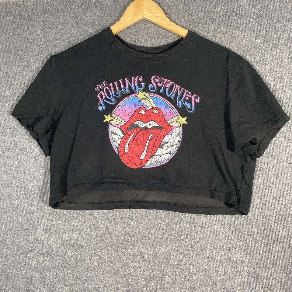 Rolling Stones Shirt Womens 10 Black Cropped Band Tee Rock Music Graphic